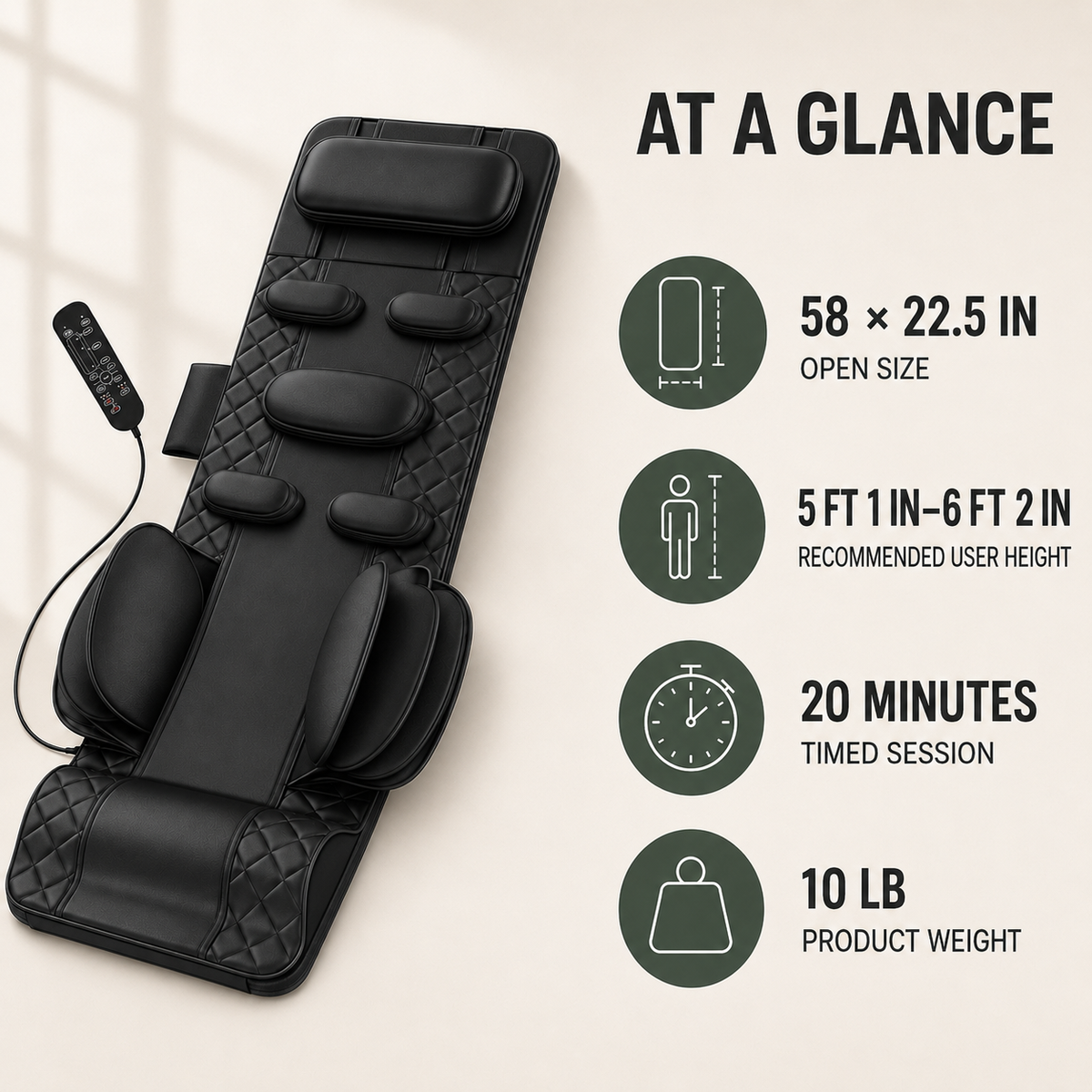 Full Body Stretching Massage Mat with Heat and 3D Air Compression, 4 Modes, 3 Intensities, Foldable Design