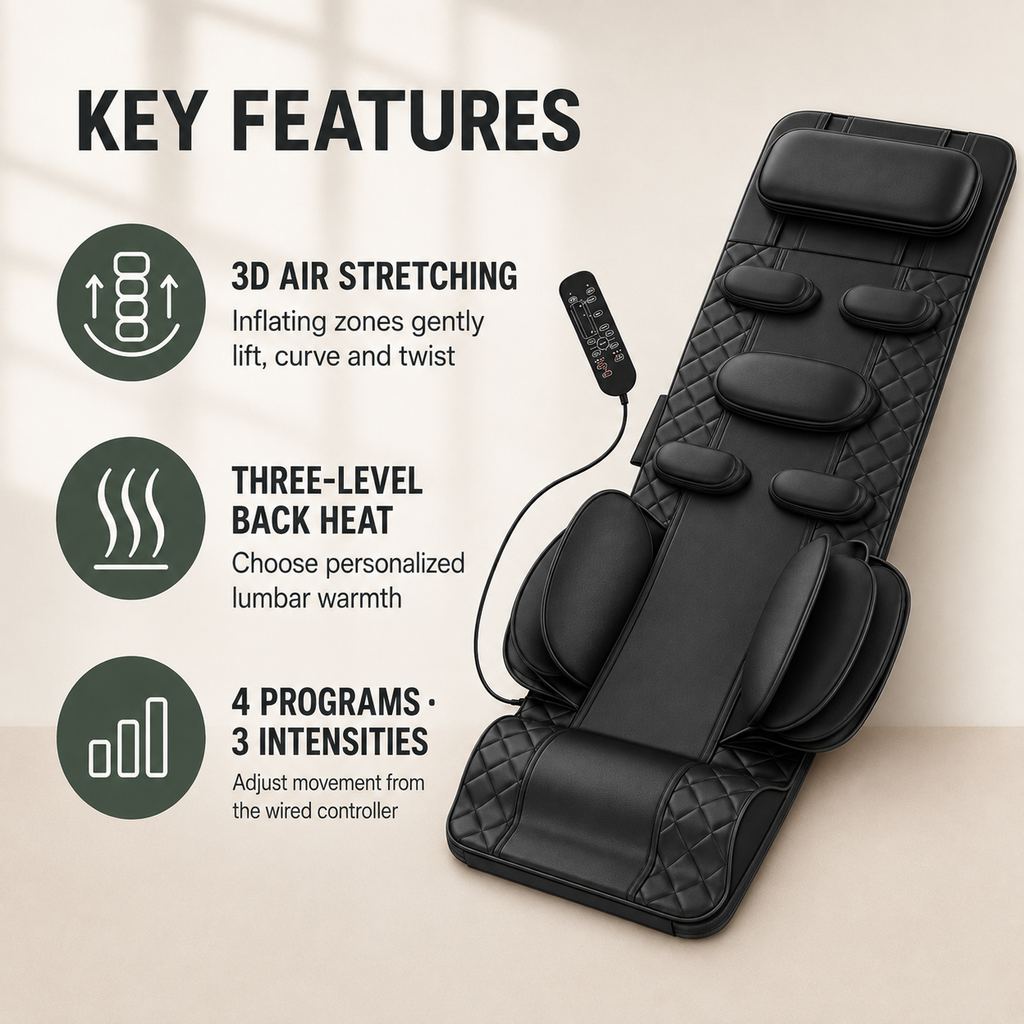 Full Body Stretching Massage Mat with Heat and 3D Air Compression, 4 Modes, 3 Intensities, Foldable Design