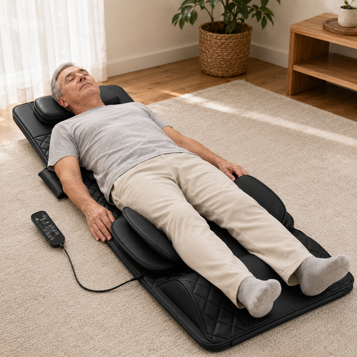 Full Body Stretching Massage Mat with Heat and 3D Air Compression, 4 Modes, 3 Intensities, Foldable Design
