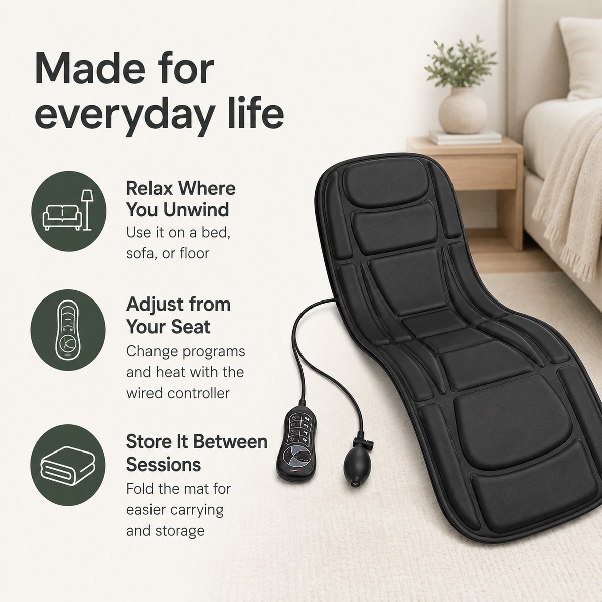 Full Body Vibration Massage Mat with Heat, 5 Vibration Programs, Inflatable Lumbar Support & Foldable Design