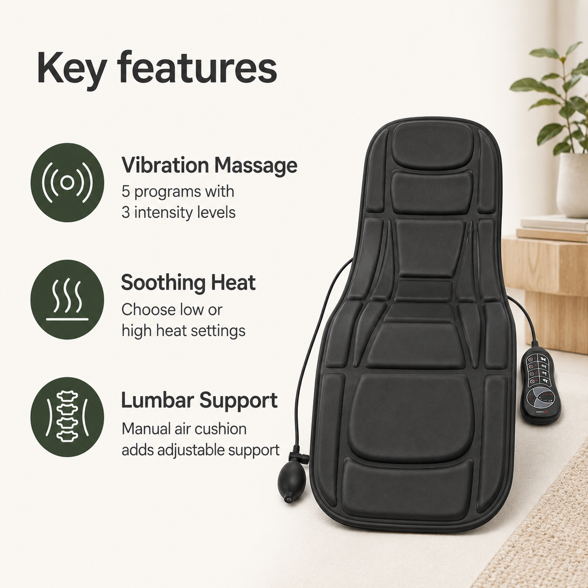 Full Body Vibration Massage Mat with Heat, 5 Vibration Programs, Inflatable Lumbar Support & Foldable Design