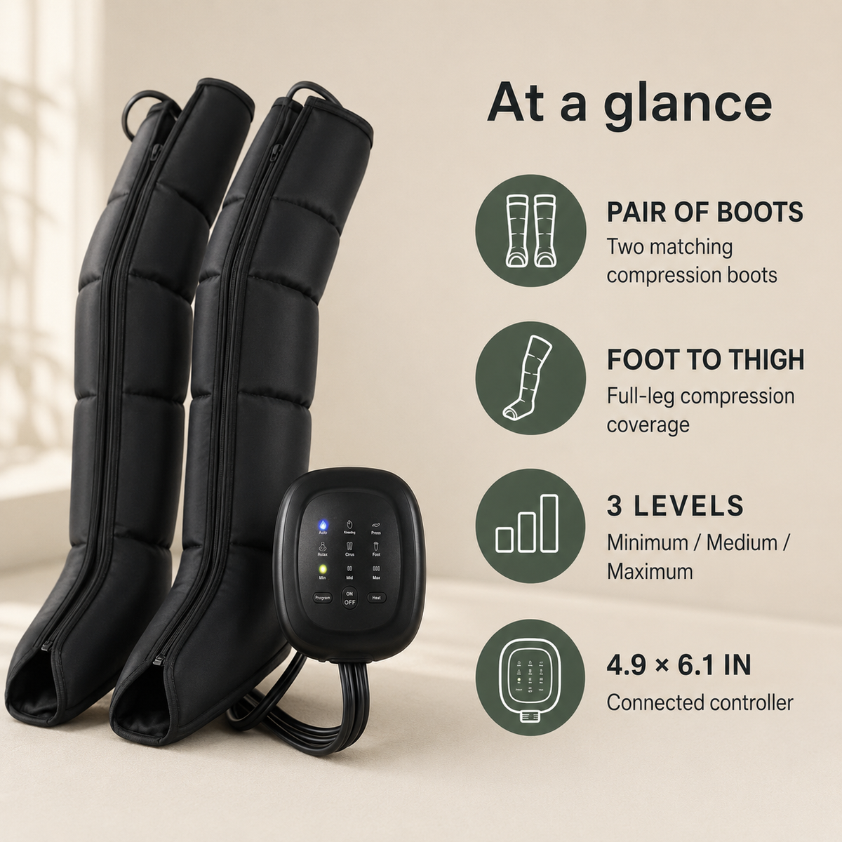 Full Leg Air Compression Massager Boots with Heat, Multiple Programs and 3 Intensity Levels