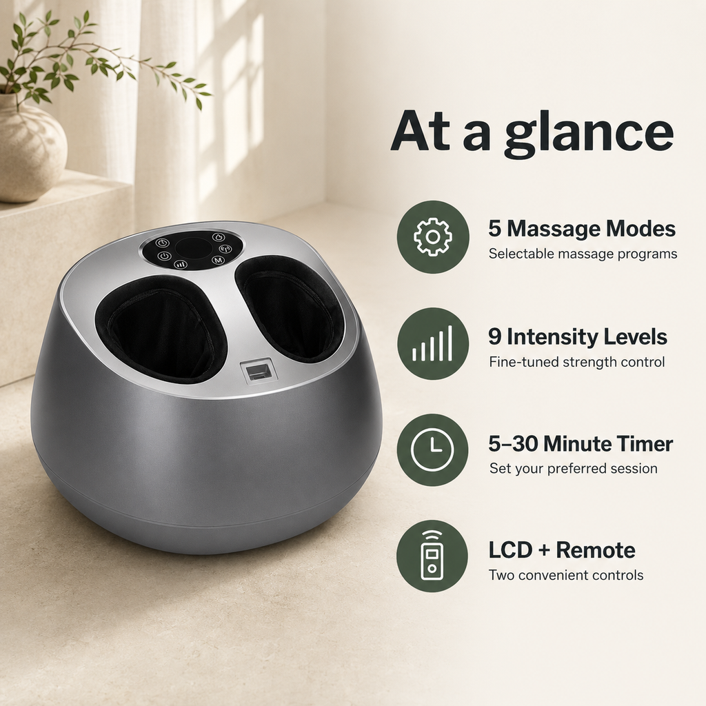 Fully Enclosed Shiatsu Foot Massager with Heat and Air Compression, 5 Modes, 9 Intensity Levels and Remote Control