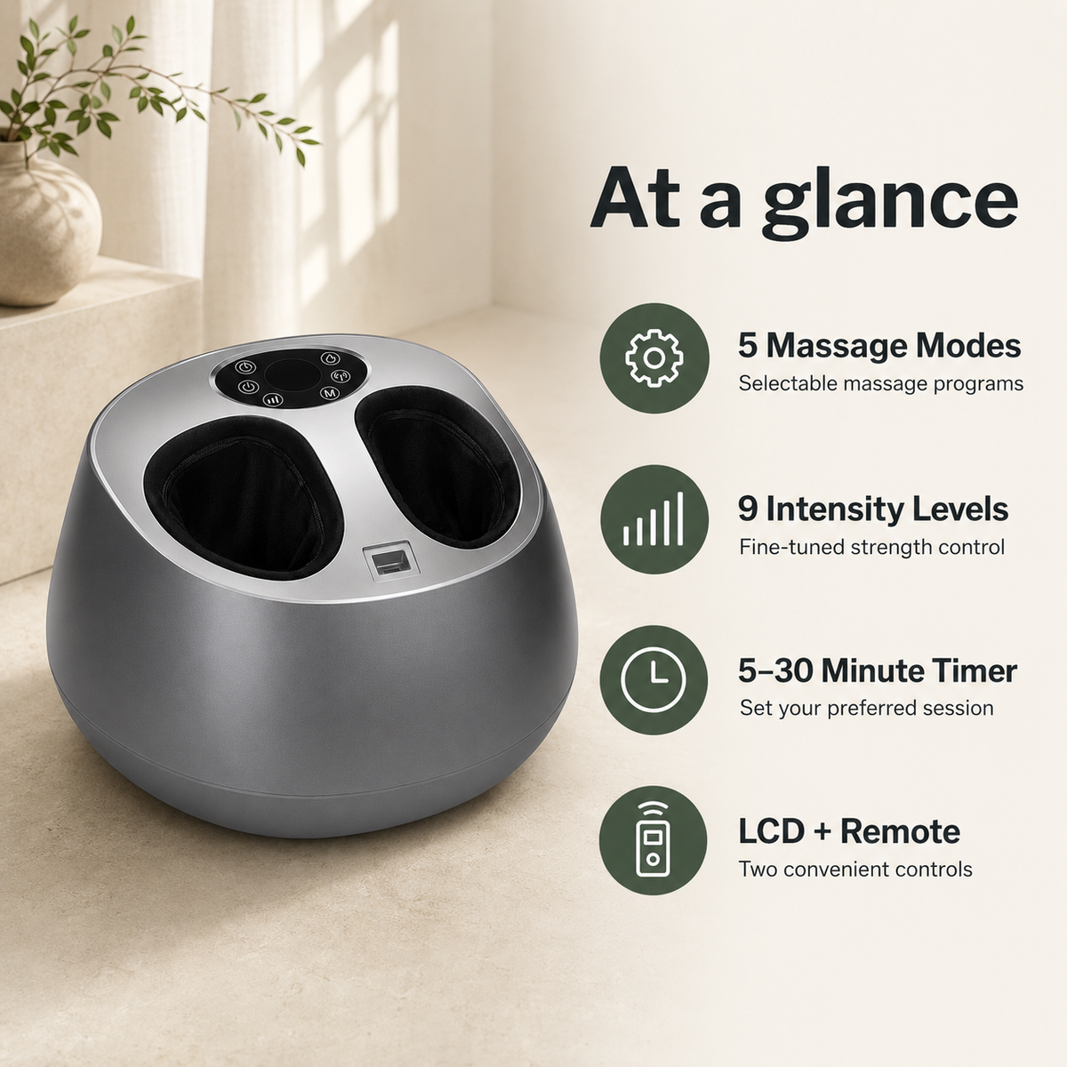 Fully Enclosed Shiatsu Foot Massager with Heat and Air Compression, 5 Modes, 9 Intensity Levels and Remote Control