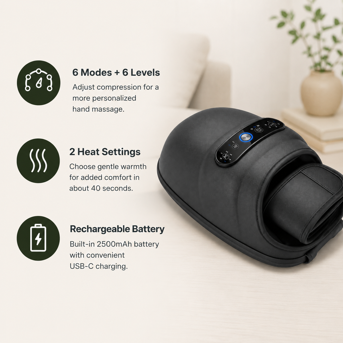 Hand Massager with Heat and Air Compression, 6 Modes, 6 Intensity Levels & 2500mAh Rechargeable Battery