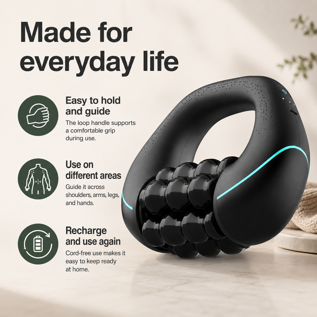 Handheld Rolling Percussive Massager with 3 Speeds, Rechargeable Battery and Multi-Grip Handle