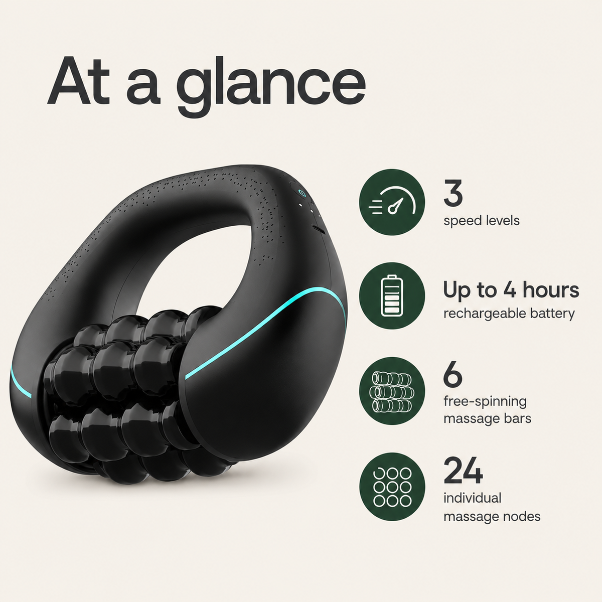 Handheld Rolling Percussive Massager with 3 Speeds, Rechargeable Battery and Multi-Grip Handle
