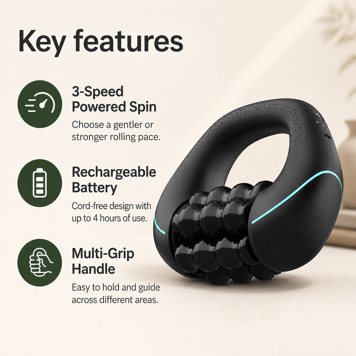 Handheld Rolling Percussive Massager with 3 Speeds, Rechargeable Battery and Multi-Grip Handle
