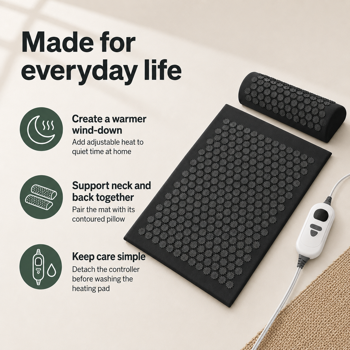 Heated Acupressure Mat and Pillow Set with 6 Heat Levels, 4 Timer Settings and 2-Hour Auto-Off
