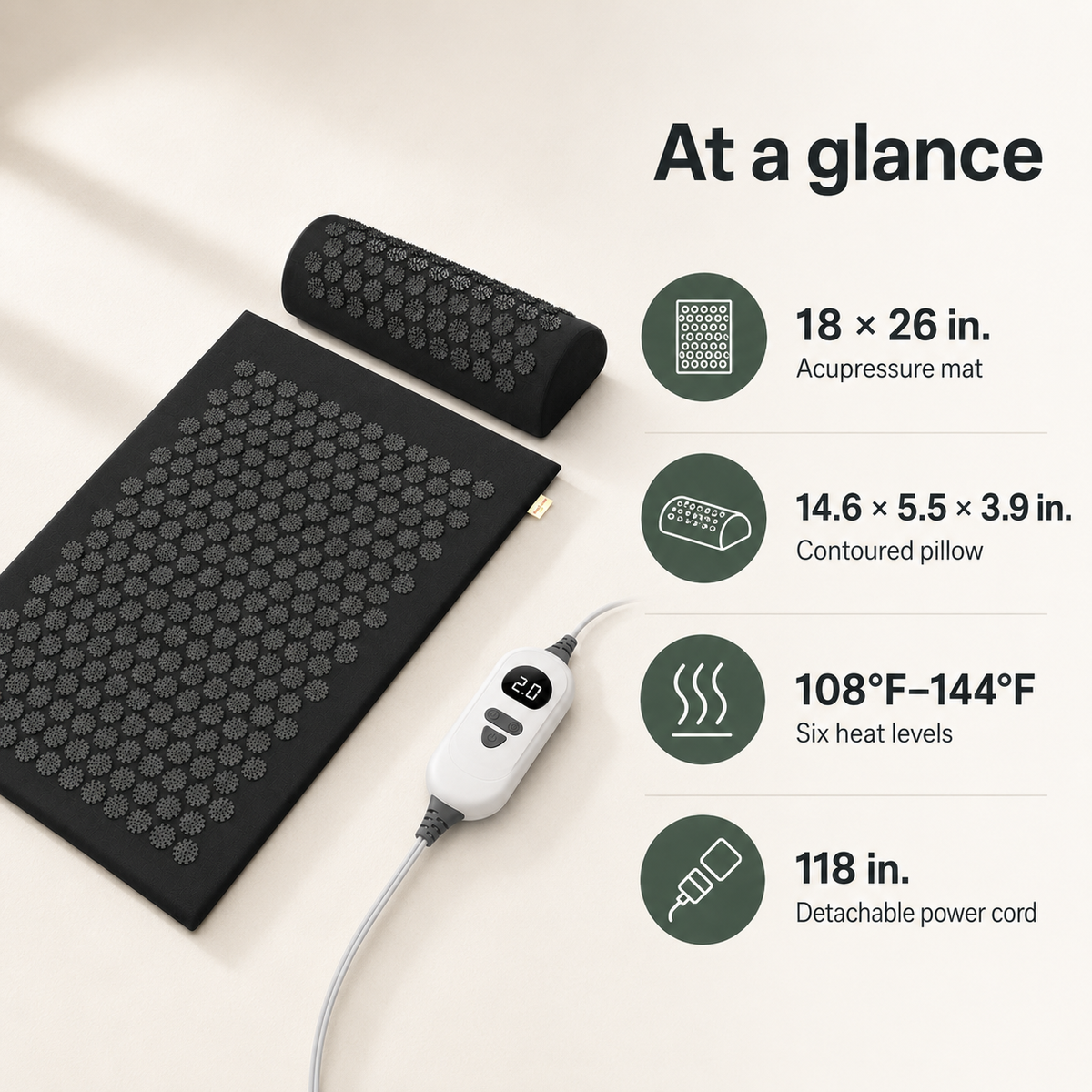 Heated Acupressure Mat and Pillow Set with 6 Heat Levels, 4 Timer Settings and 2-Hour Auto-Off