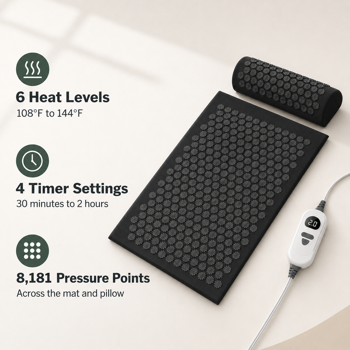 Heated Acupressure Mat and Pillow Set with 6 Heat Levels, 4 Timer Settings and 2-Hour Auto-Off