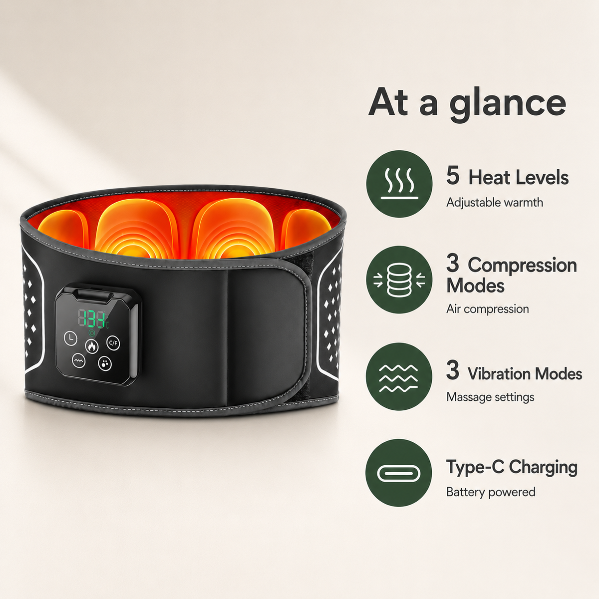Heated Air Compression Lumbar Support Belt with 3 Vibration Modes, 5 Heat Levels and Type-C Charging