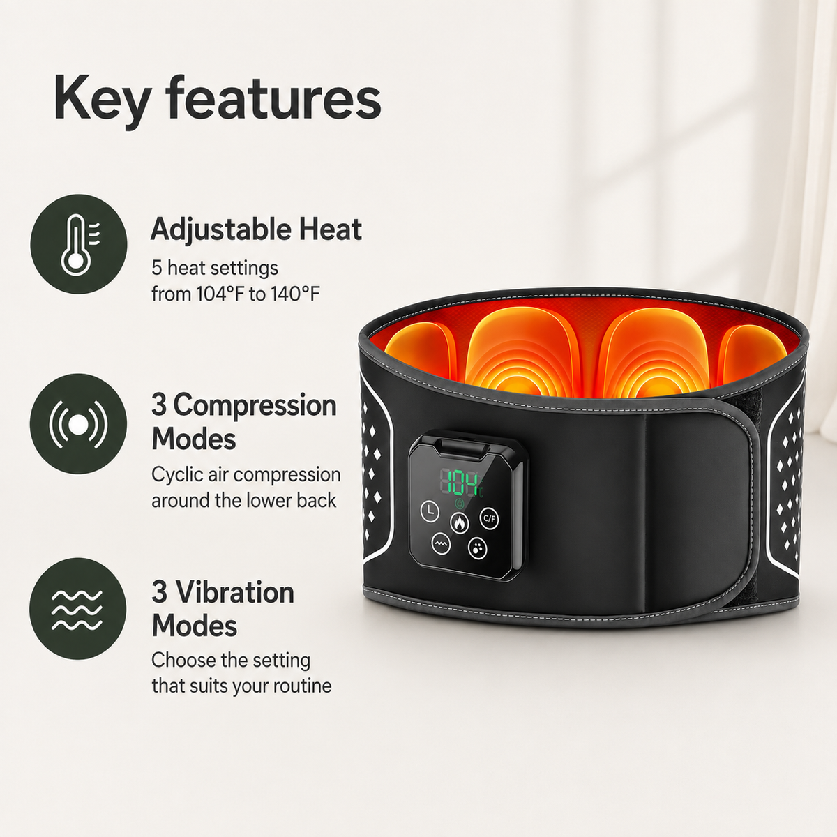 Heated Air Compression Lumbar Support Belt with 3 Vibration Modes, 5 Heat Levels and Type-C Charging