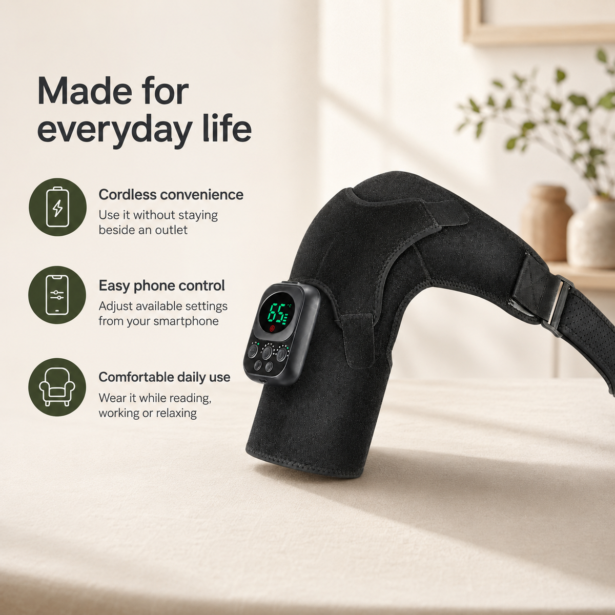 Heated Shoulder Brace with App Control, 6 Heat Settings, 3 Vibration Levels & Removable Controller