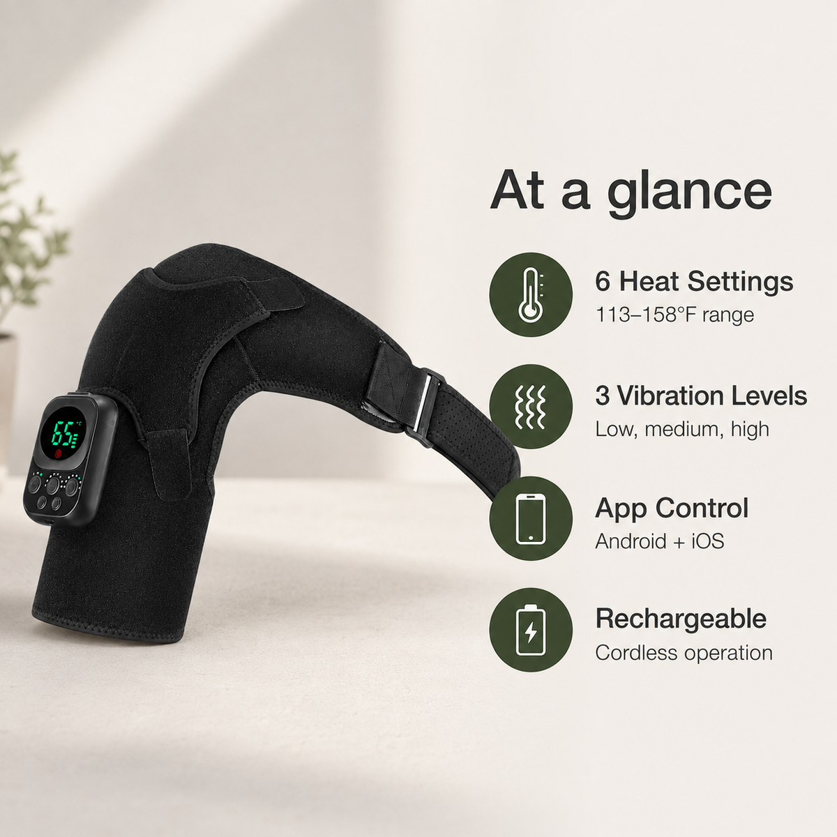 Heated Shoulder Brace with App Control, 6 Heat Settings, 3 Vibration Levels & Removable Controller