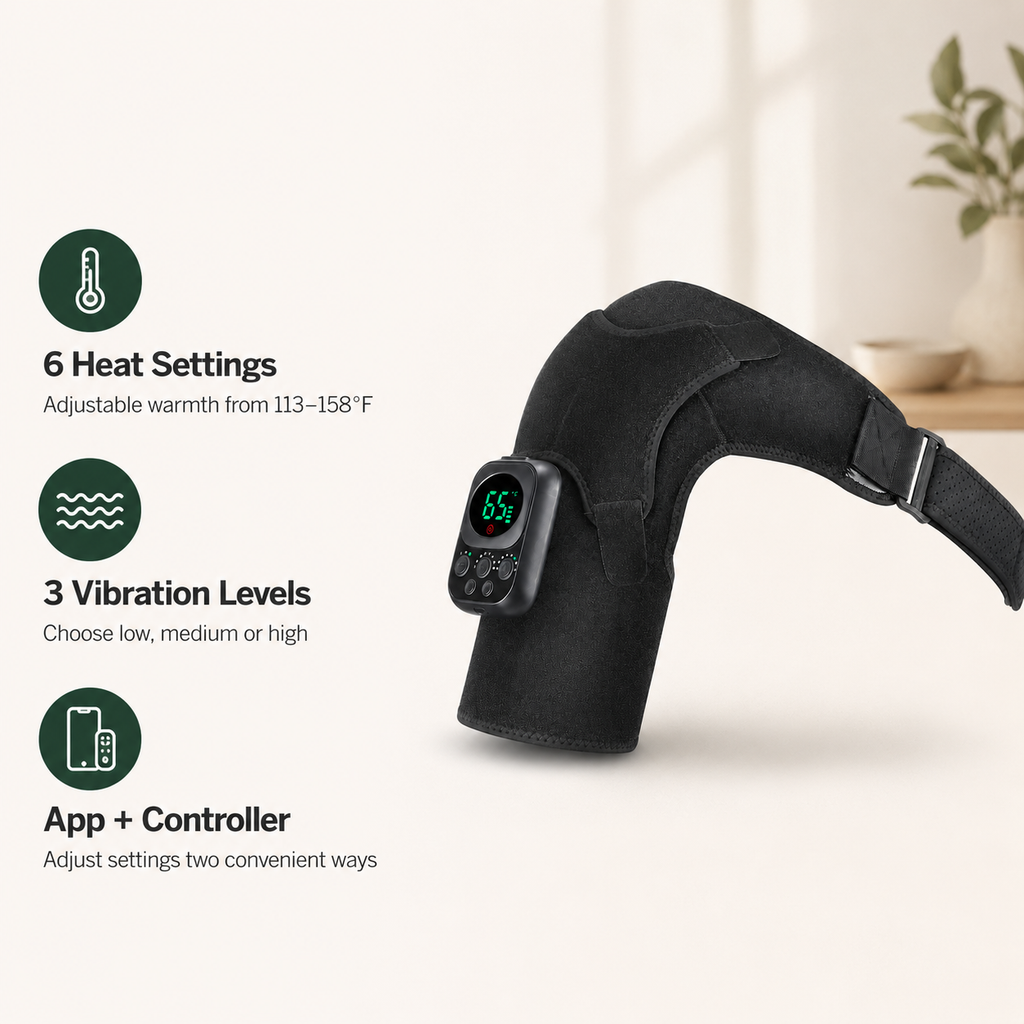 Heated Shoulder Brace with App Control, 6 Heat Settings, 3 Vibration Levels & Removable Controller