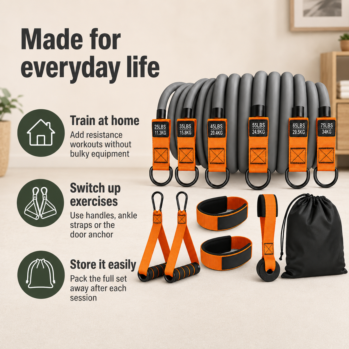 Heavy Resistance Bands Set with Handles, 6 Stackable Levels, Door Anchor & Ankle Straps for Full-Body Training