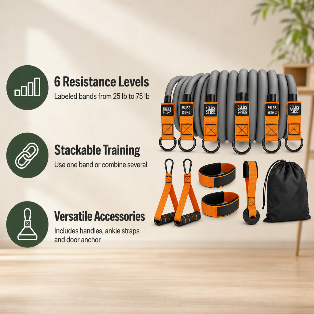 Heavy Resistance Bands Set with Handles, 6 Stackable Levels, Door Anchor & Ankle Straps for Full-Body Training