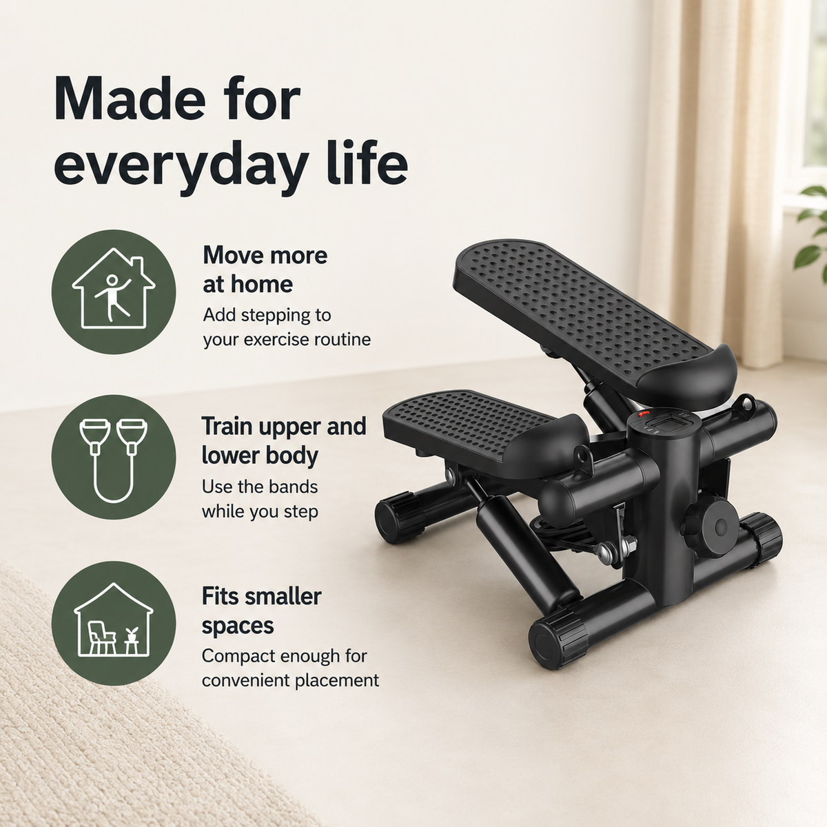 Hydraulic Mini Stepper with Resistance Bands, 300 lb Capacity, Adjustable Step Height and LCD Monitor — No Assembly Required