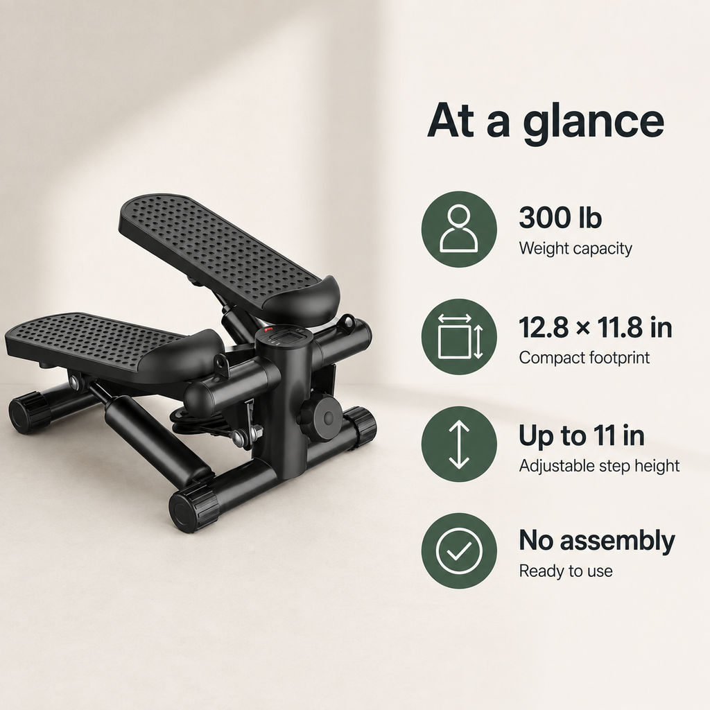 Hydraulic Mini Stepper with Resistance Bands, 300 lb Capacity, Adjustable Step Height and LCD Monitor — No Assembly Required