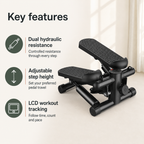 Hydraulic Mini Stepper with Resistance Bands, 300 lb Capacity, Adjustable Step Height and LCD Monitor — No Assembly Required