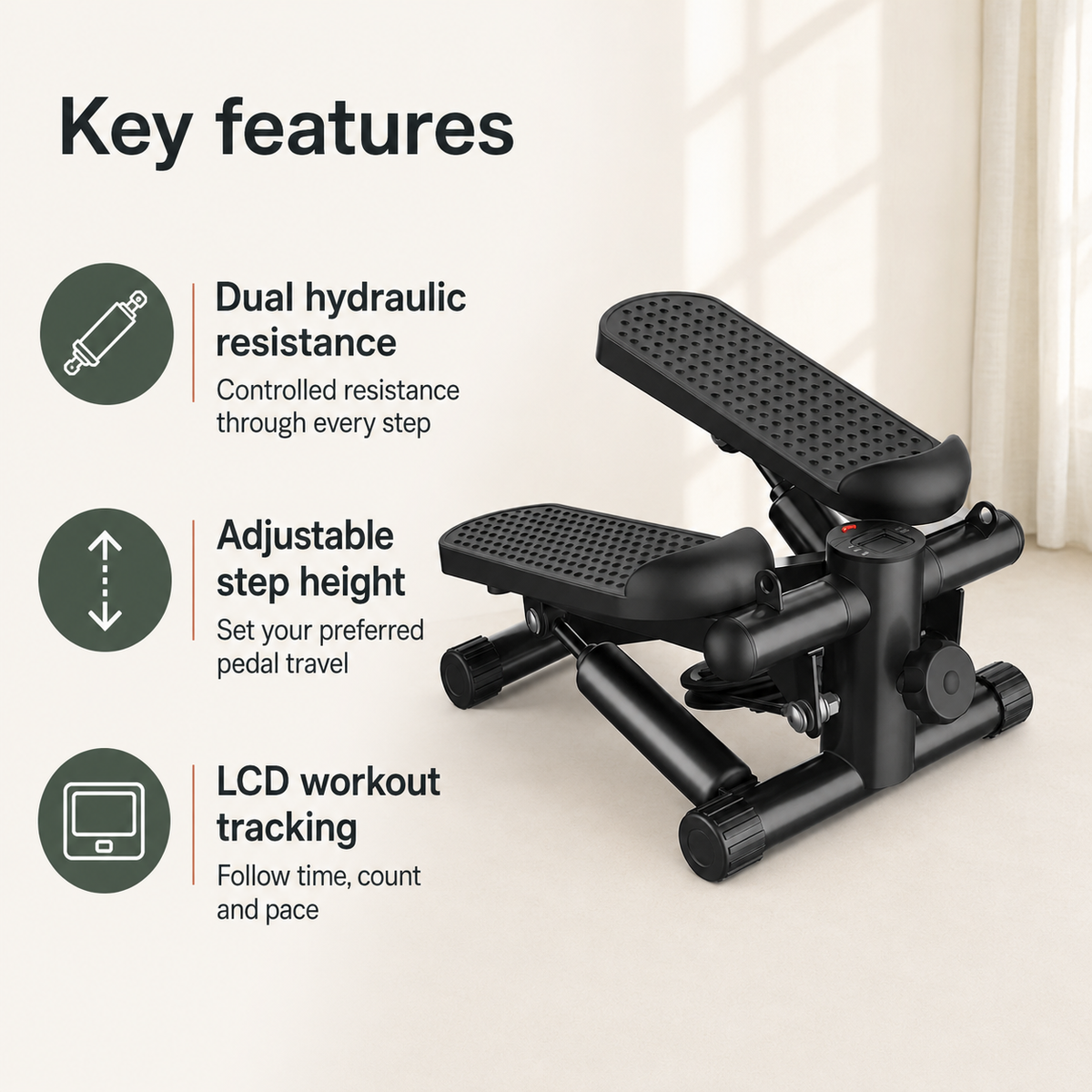 Hydraulic Mini Stepper with Resistance Bands, 300 lb Capacity, Adjustable Step Height and LCD Monitor — No Assembly Required