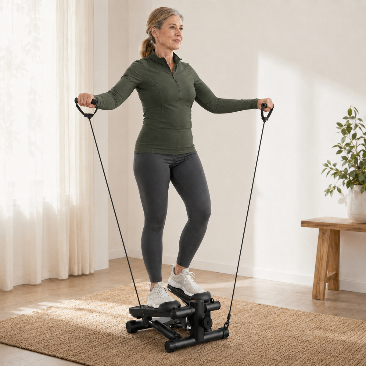 Hydraulic Mini Stepper with Resistance Bands, 300 lb Capacity, Adjustable Step Height and LCD Monitor — No Assembly Required