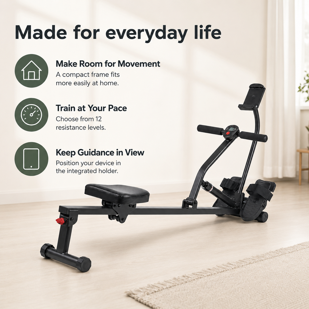 Hydraulic Rowing Machine with 12 Resistance Levels, Bluetooth Connectivity, Digital Monitor and Compact Frame