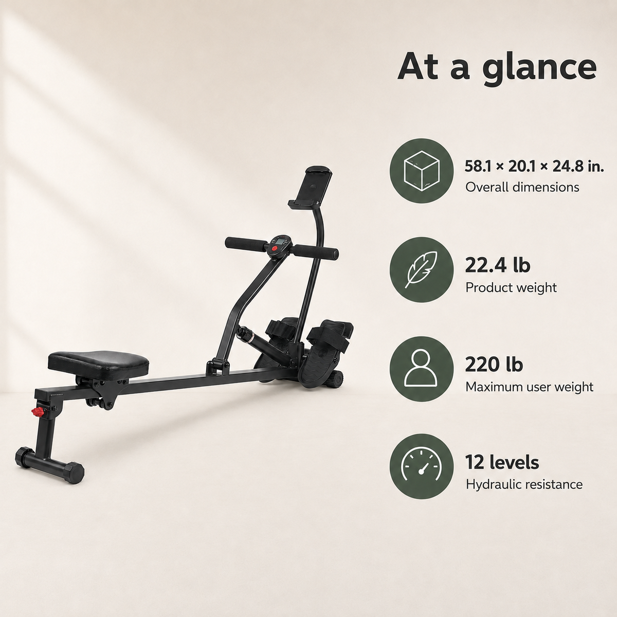Hydraulic Rowing Machine with 12 Resistance Levels, Bluetooth Connectivity, Digital Monitor and Compact Frame