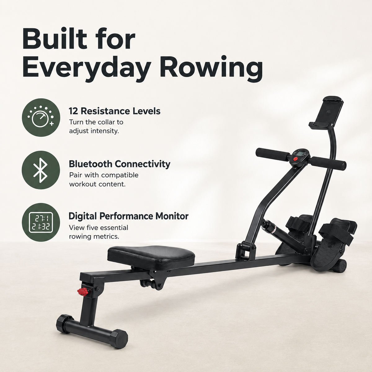 Hydraulic Rowing Machine with 12 Resistance Levels, Bluetooth Connectivity, Digital Monitor and Compact Frame