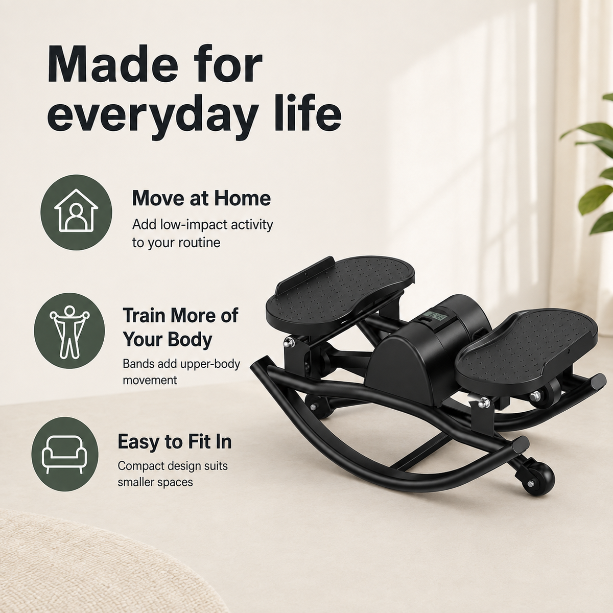 Lateral Rocking Stepper with Resistance Bands and LCD Monitor for Low-Impact Full-Body Home Workouts
