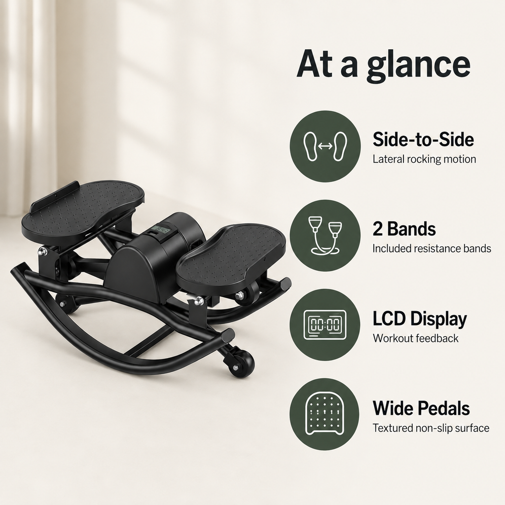 Lateral Rocking Stepper with Resistance Bands and LCD Monitor for Low-Impact Full-Body Home Workouts