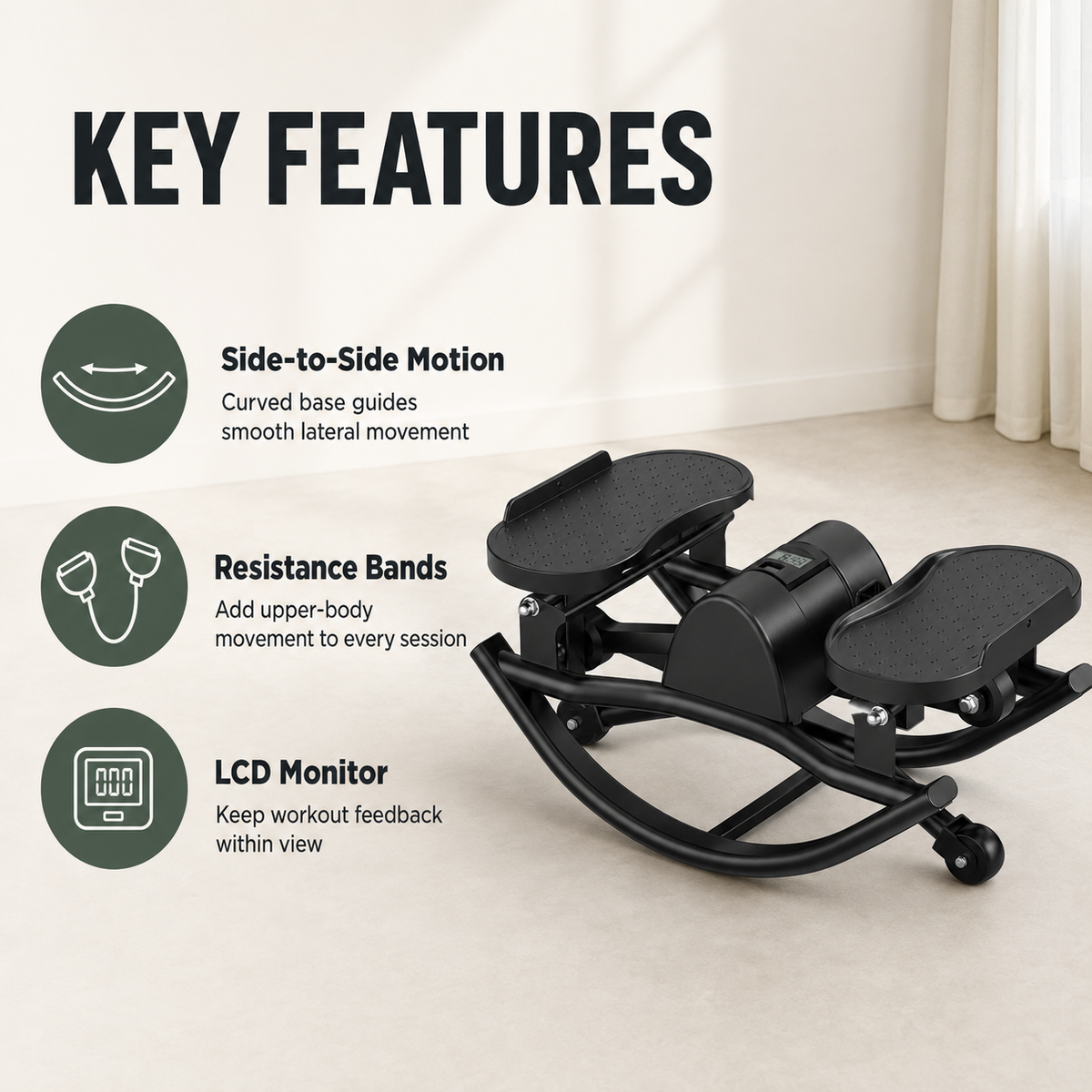 Lateral Rocking Stepper with Resistance Bands and LCD Monitor for Low-Impact Full-Body Home Workouts
