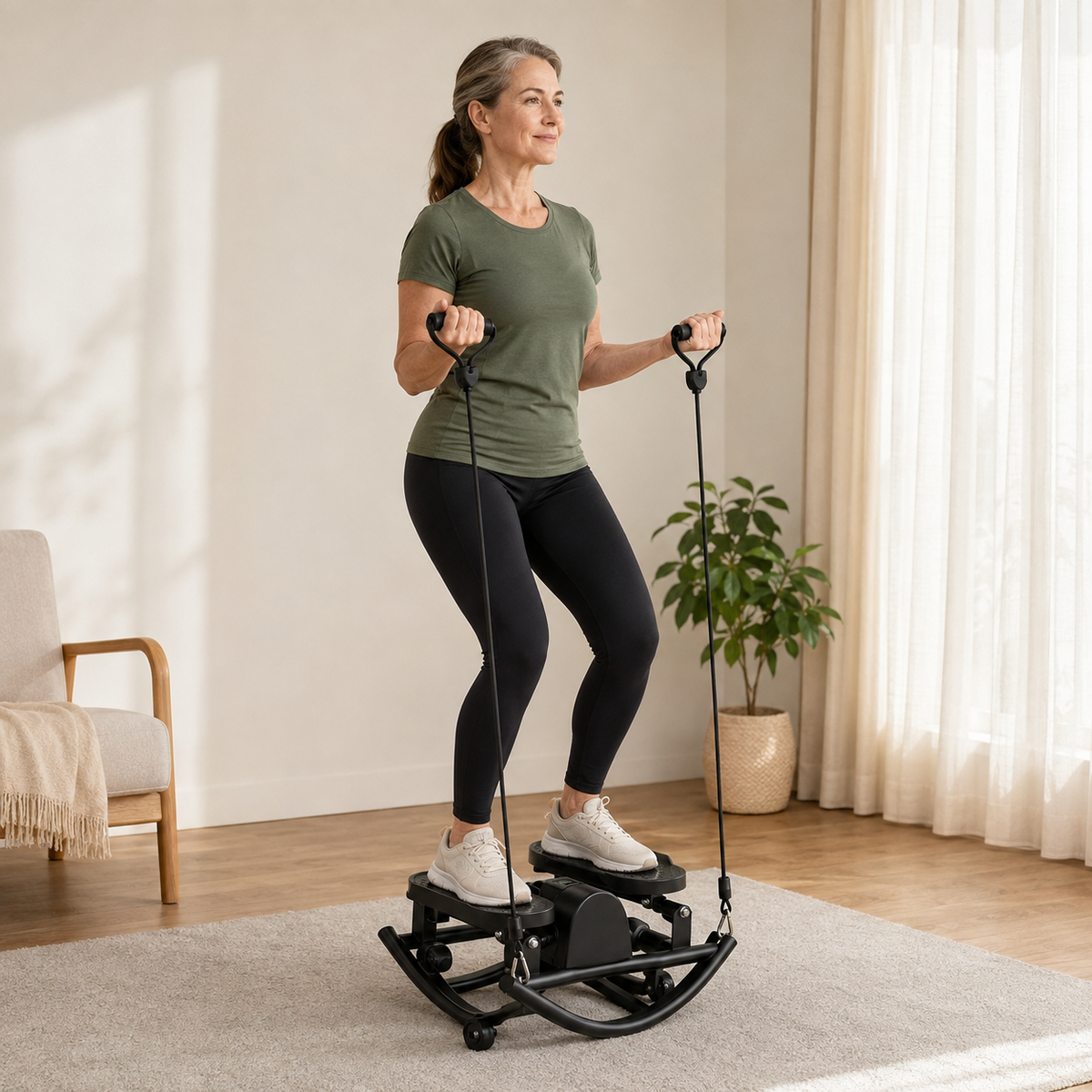 Lateral Rocking Stepper with Resistance Bands and LCD Monitor for Low-Impact Full-Body Home Workouts