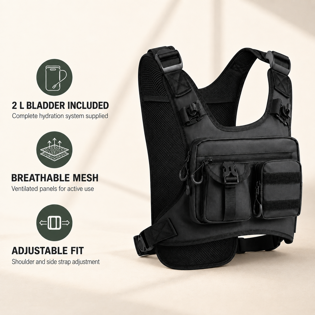 Lightweight Hydration Vest with Included 2 L Bladder, Breathable Running Pack for Trail Running, Hiking and Cycling