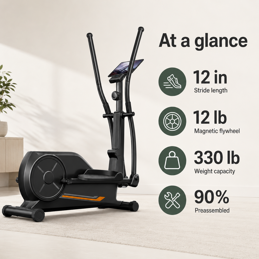 Magnetic Elliptical Machine for Home with 12-Inch Stride, Quiet Drive, Pulse Grips, LCD Monitor & 330 lb Capacity