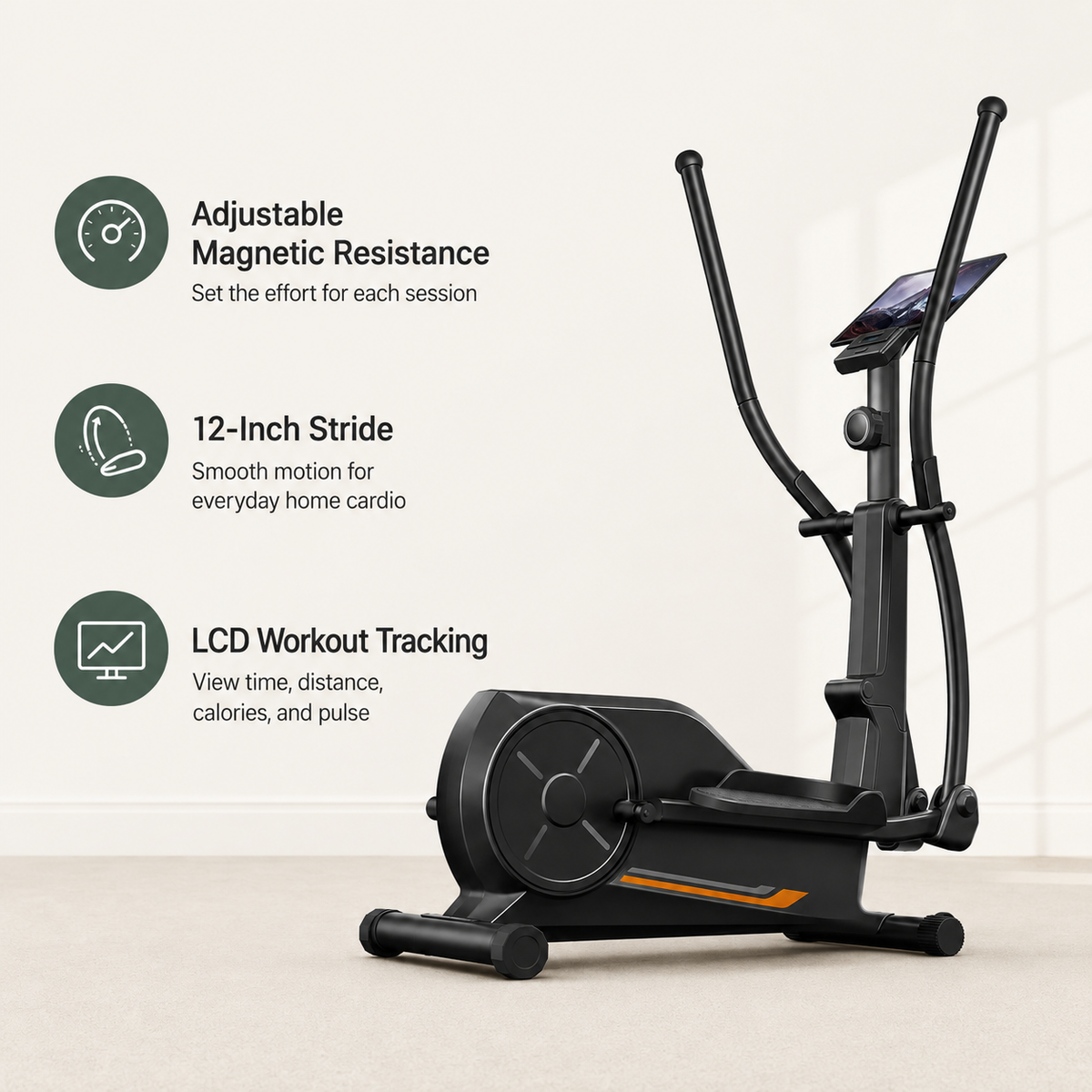 Magnetic Elliptical Machine for Home with 12-Inch Stride, Quiet Drive, Pulse Grips, LCD Monitor & 330 lb Capacity
