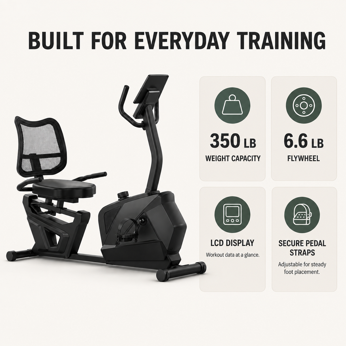 Magnetic Recumbent Exercise Bike with 16 Resistance Levels, Adjustable Seat, Mesh Backrest and LCD Display, 350 lb Capacity