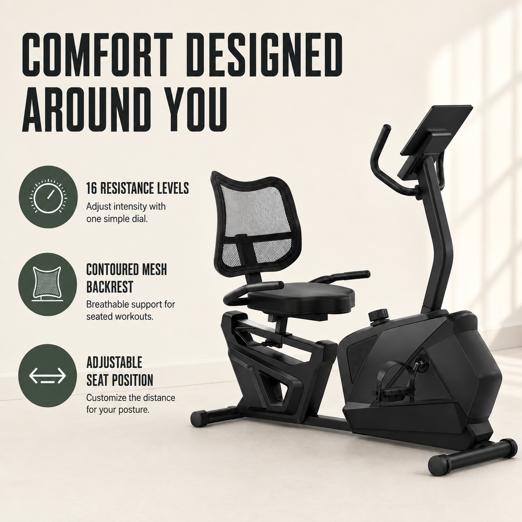Magnetic Recumbent Exercise Bike with 16 Resistance Levels, Adjustable Seat, Mesh Backrest and LCD Display, 350 lb Capacity