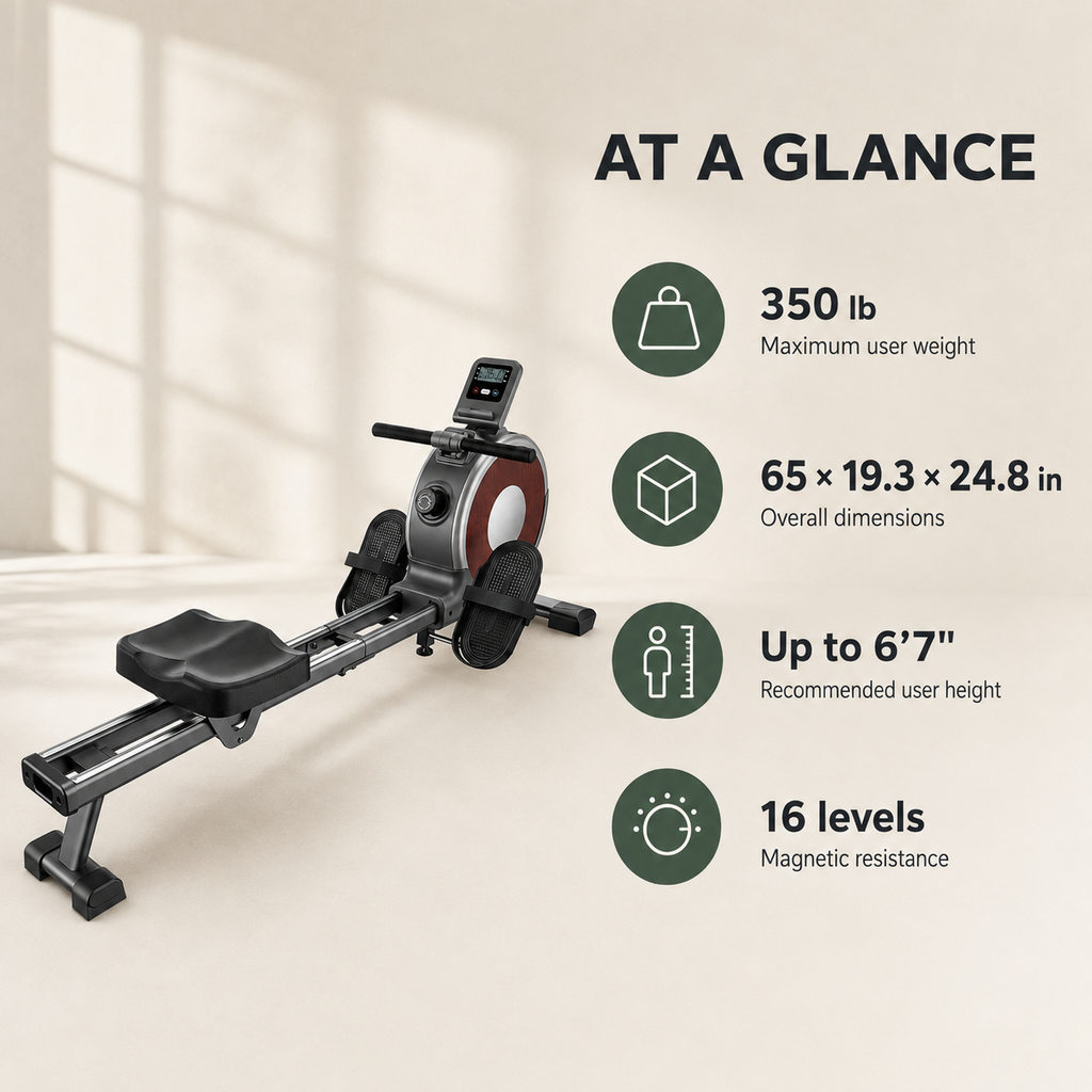 Magnetic Rowing Machine with 16 Resistance Levels, Dual Slide Rails and 350 lb Capacity for Home Workouts