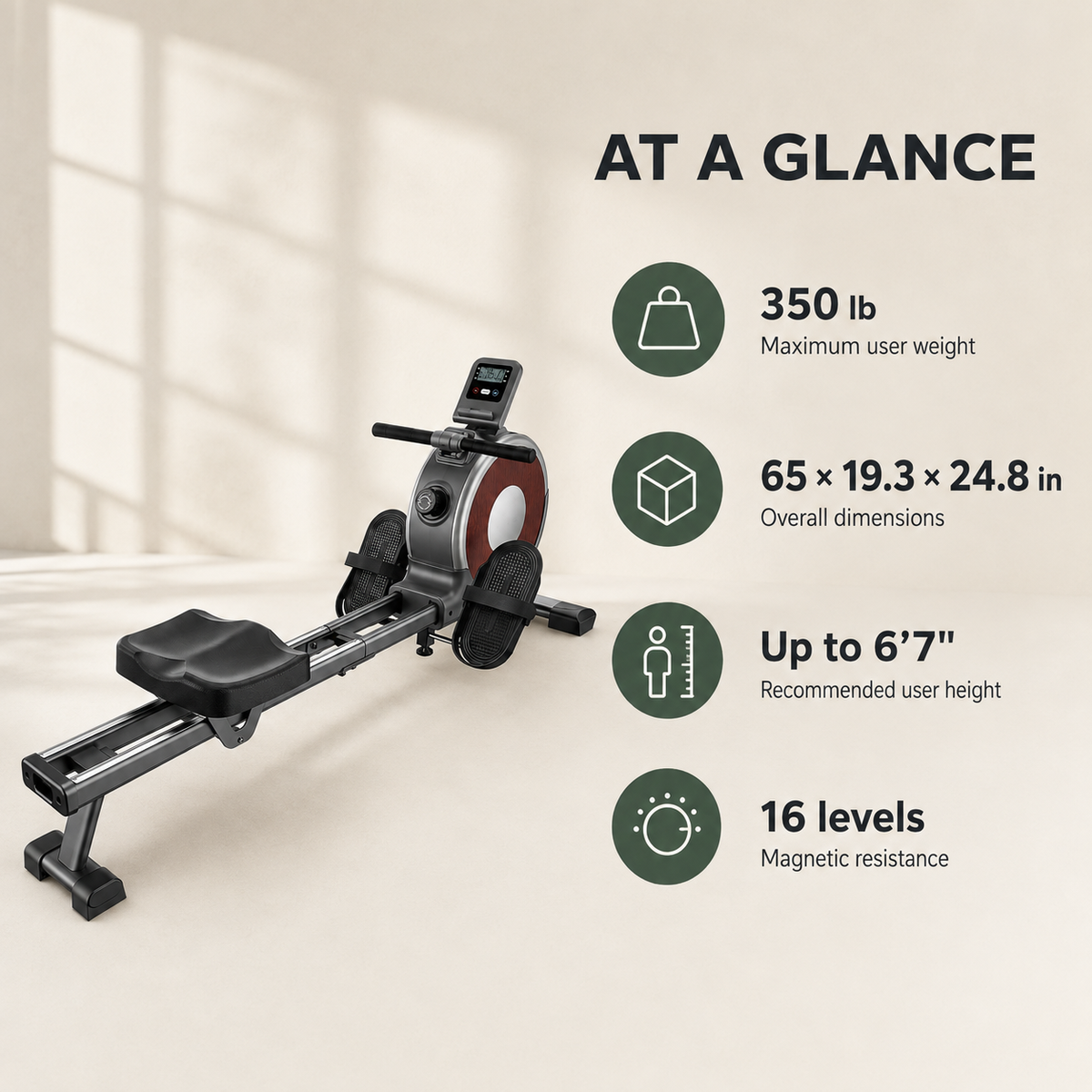Magnetic Rowing Machine with 16 Resistance Levels, Dual Slide Rails and 350 lb Capacity for Home Workouts