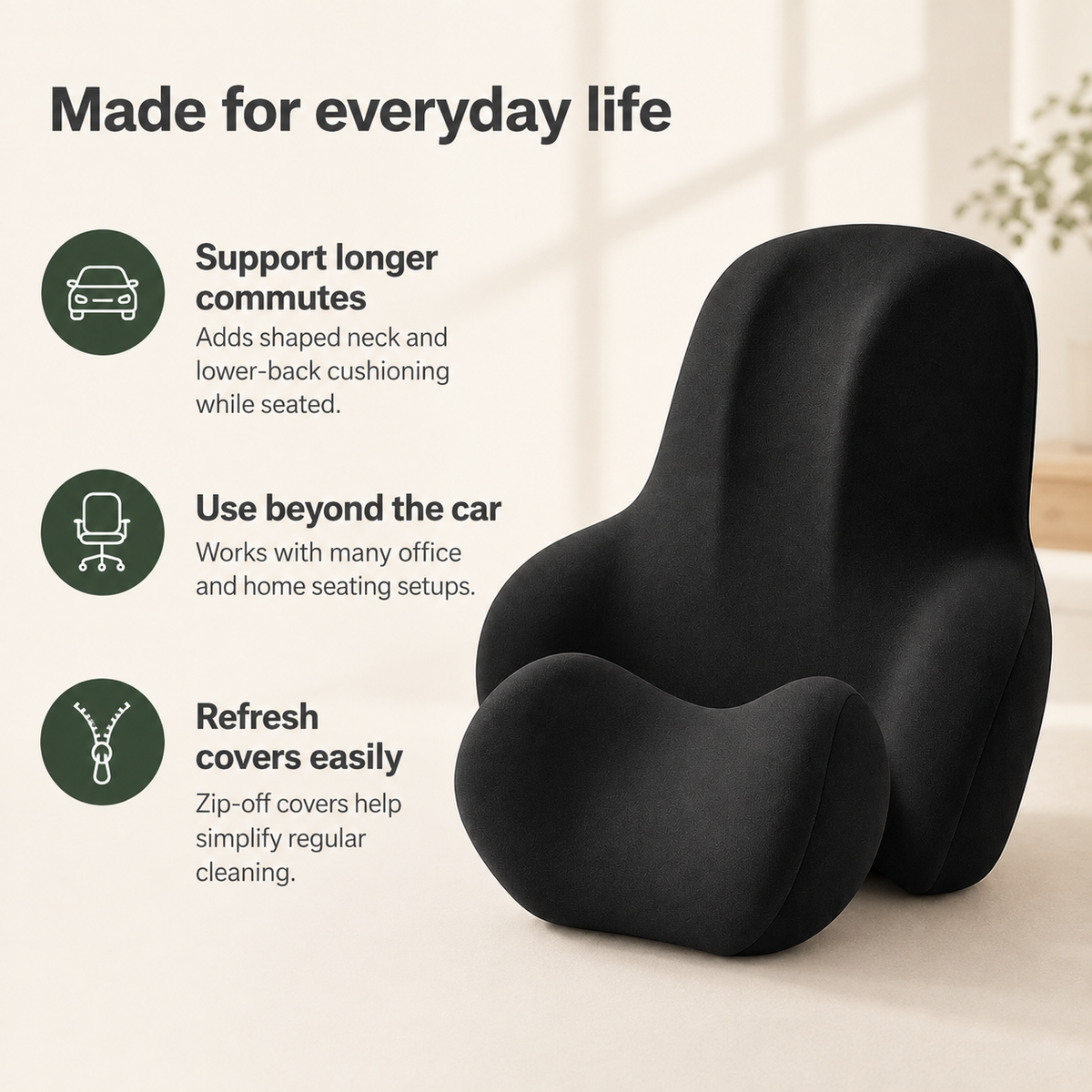 Memory Foam Car Neck Pillow & Lumbar Support Set with Removable Washable Covers for Driving, Office & Home