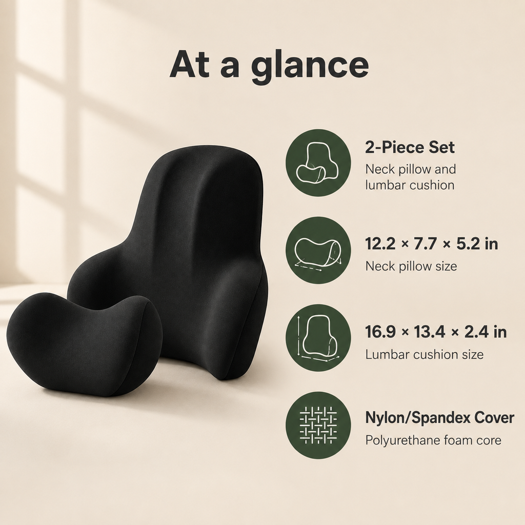 Memory Foam Car Neck Pillow & Lumbar Support Set with Removable Washable Covers for Driving, Office & Home