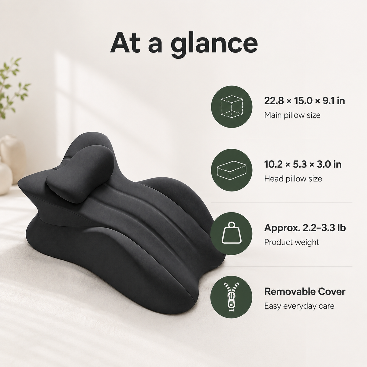 Multi-Position Memory Foam Wedge Pillow with Detachable Headrest and Removable Cover for Prone Reading, Back Support & Leg Elevation