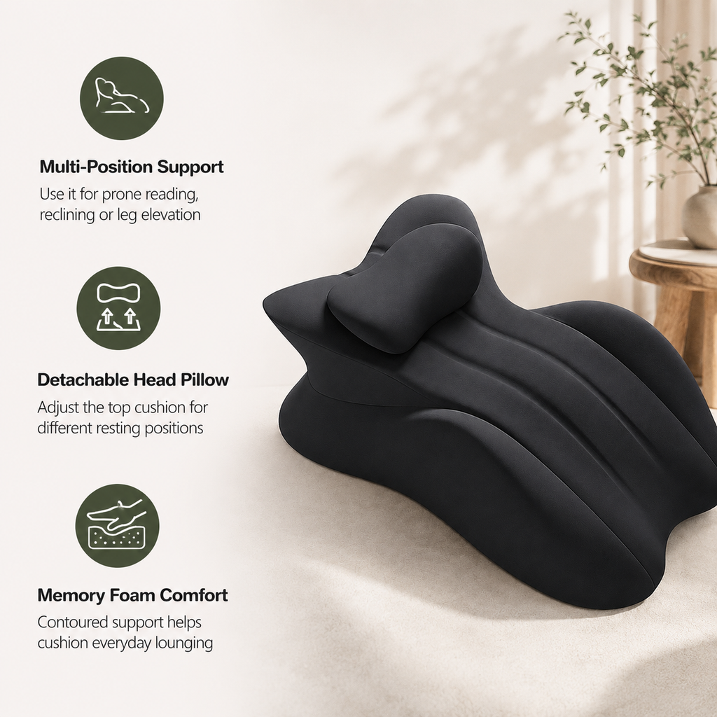 Multi-Position Memory Foam Wedge Pillow with Detachable Headrest and Removable Cover for Prone Reading, Back Support & Leg Elevation
