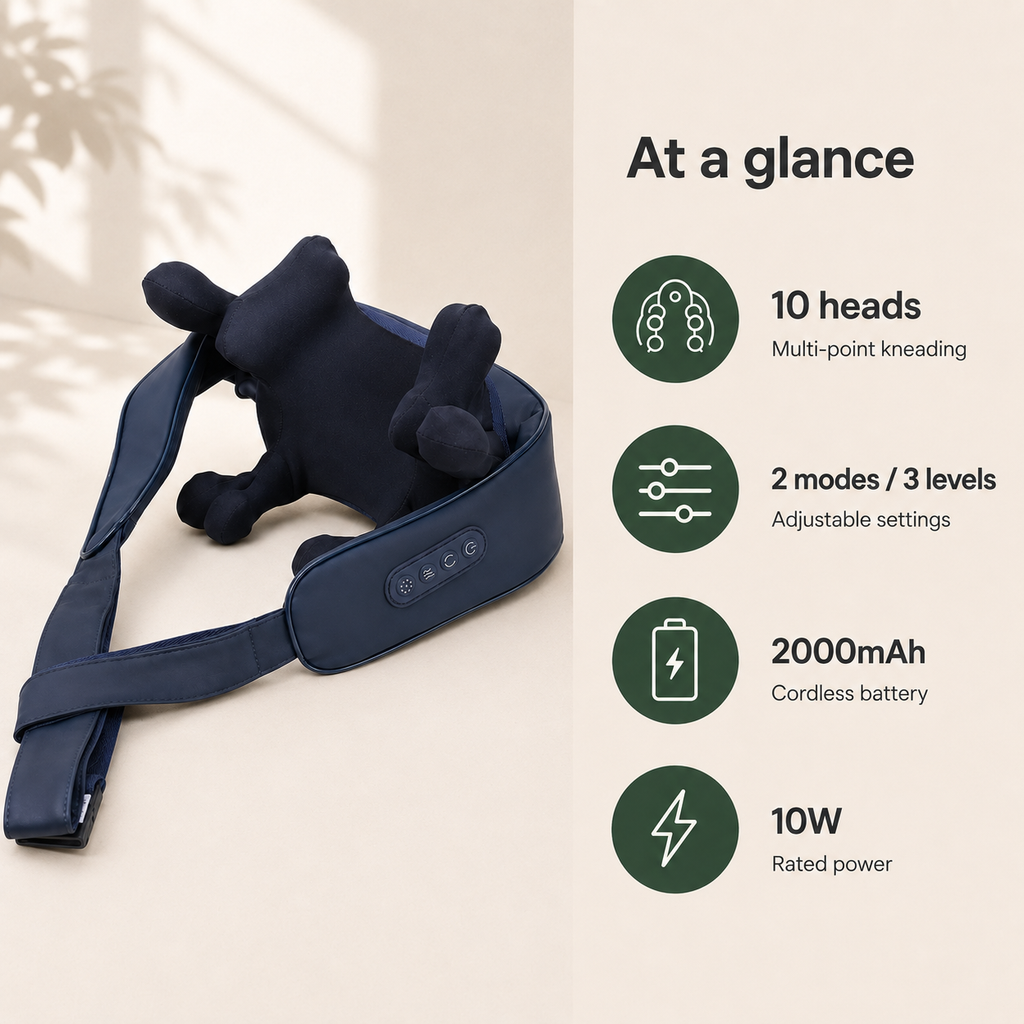 Neck & Shoulder Massager with 10 Kneading Heads, Cordless Design, 2 Modes & 3 Intensities