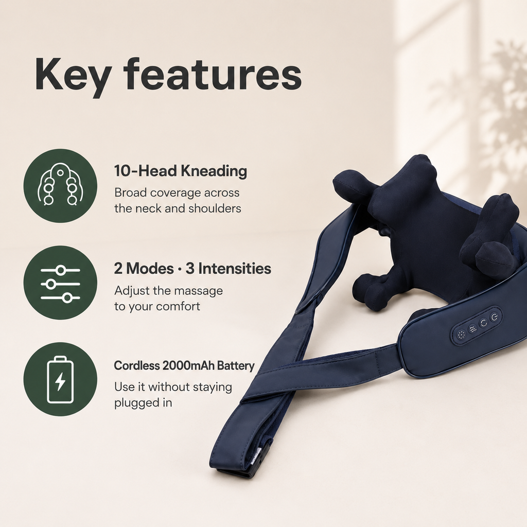 Neck & Shoulder Massager with 10 Kneading Heads, Cordless Design, 2 Modes & 3 Intensities