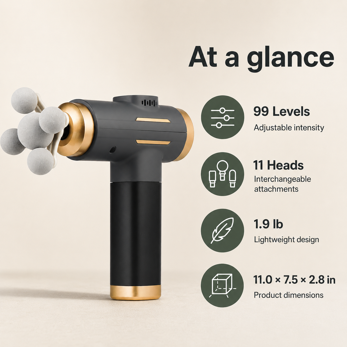 Percussion Massage Gun with 99 Intensity Levels, LED Touchscreen and 11 Interchangeable Heads