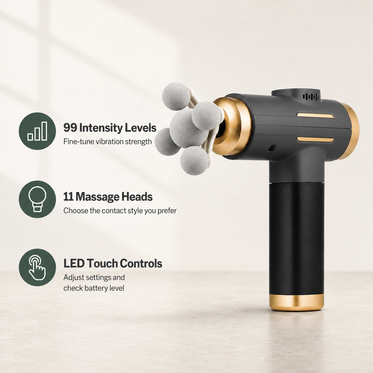 Percussion Massage Gun with 99 Intensity Levels, LED Touchscreen and 11 Interchangeable Heads