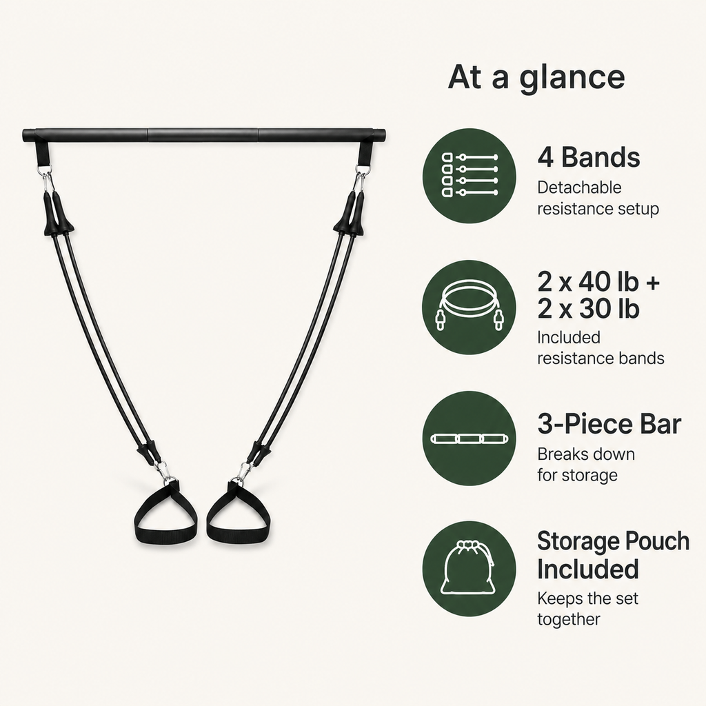 Pilates Bar Kit with 4 Resistance Bands, Portable 3-Piece Workout Bar for Full-Body Home Training